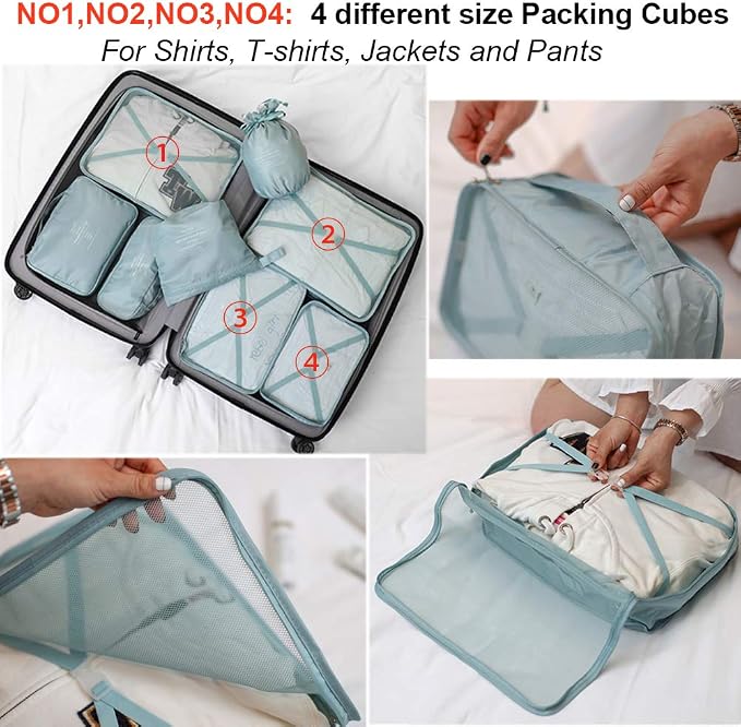 Packing Cubes for Travel, 8 Pcs Set | Luggage Organizers with Shoe Bag and Toiletry Bag, Classification and Storage, Save Storage Space and Luggage Packing Time - Image 3