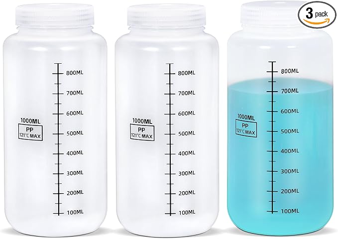 34oz/1000ml Wide Mouth Plastic Bottles with Airtight Lids, Graduated Food Grade Leak Proof PP Containers Jars for Water Sample Lab Reagent Liquid Medicine Storage (Transparent, 3 Pcs) by UMETASS