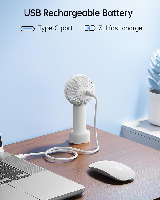 SWEETFULL Mini Portable Fan - Rechargeable Handheld Fan, 3 Speeds Personal Hand Gifts for Travel Essentials, Lash, Makeup, Eyelash, Kids, Girls, Women - USB, Cute Design White - Image 7