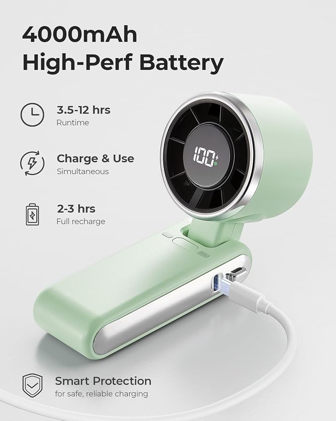 Portable Handheld Turbo Fan - 5 Gear High Speed 4000mAh Rechargeable Mini Personal Hand Fan Blow Cold Air, Battery Operated Travel Essentials, Beach Vacation, Gifts for Women, Men (Green) - Image 5