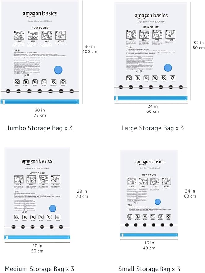 Amazon Basics Vacuum Storage Bags with Hand Pump for Travel, Space Saving Compression Bags for Clothes and Blankets, Clear, 12 Pack (3 Small, 3 Medium, 3 Large & 3 Jumbo) - Image 6