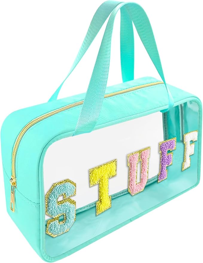Bunliuys Chenille Letter Clear Makeup Bag with Stuff Patch, Travel Toiletry Makeup Bag with Handle, Nylon Waterproof Cosmetic Bag, Preppy Patch Makeup Bag for Women (Light Blue) by Bunliuys