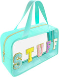 Bunliuys Chenille Letter Clear Makeup Bag with Stuff Patch, Travel Toiletry Makeup Bag with Handle, Nylon Waterproof Cosmetic Bag, Preppy Patch Makeup Bag for Women (Light Blue) by Bunliuys