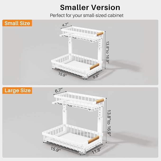 PXRACK Under Sink Organizer, Adjustable Height, 2 Tier Pull Out Under Cabinet Organizer, Slide Out Thickened Metal Under Sink Storage for Kitchen Bathroom Laundry Pantry Cabinet, White, Small-2-Pack - Image 2