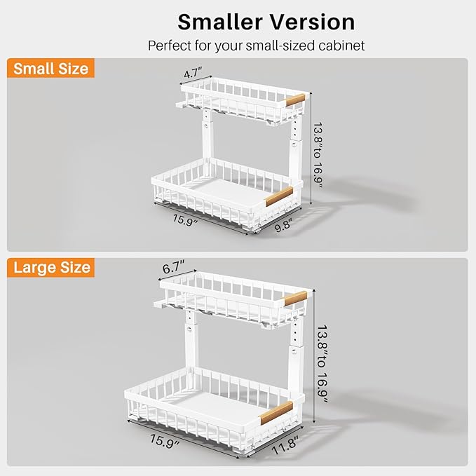 PXRACK Under Sink Organizer, Adjustable Height, 2 Tier Pull Out Under Cabinet Organizer, Slide Out Thickened Metal Under Sink Storage for Kitchen Bathroom Laundry Pantry Cabinet, White, Small-1-Pack - Image 2