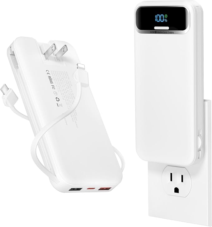 aonidi Portable Charger 12000mAh with Built-in Cables&AC Wall Plug, White | PD20W USB C Fast Charging,LED Display External Travel Power Bank,TSA approved Battery Pack for All iPhone,Samsung,Android by AONIDI