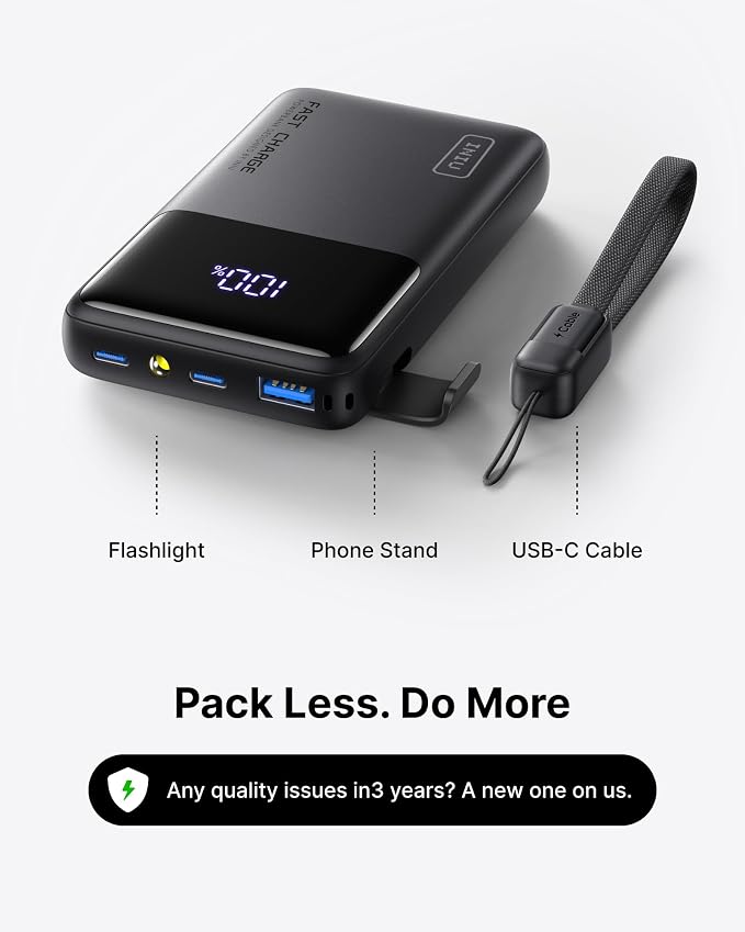 INIU Power Bank, Compact 10000mAh 45W PD Fast Charging Portable Charger | Detachable USB-C Cable, Stand, Flight-Safe, Travel, Flashlight, Battery Pack for iPhone 17 16, Samsung S26, iPad etc - Image 5