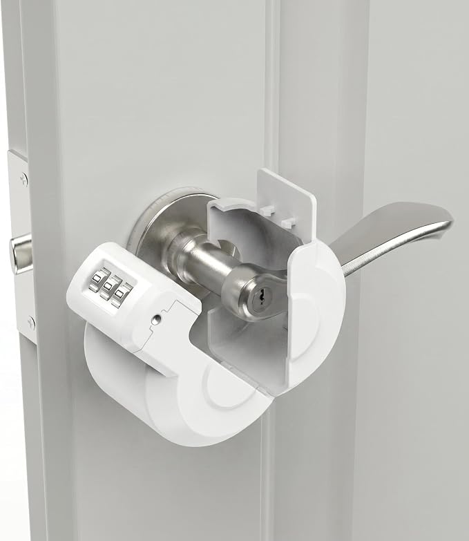 Keyed Door Handle Lockout Device Cover with Code to Disable Access to Keyhole Combination Lock for Bedroom from Outside Only Fits Handle Lock with Long Connecting Shaft (1, White) by PUGED