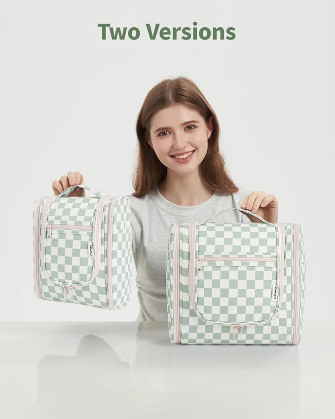 Narwey Travel Toiletry Bag for Women, Checkered Large Hanging Makeup Bag Organizer Cosmetic Make up Bags for Women, Travel Bag for Toiletries (Mint Green Checkerboard) - Image 8