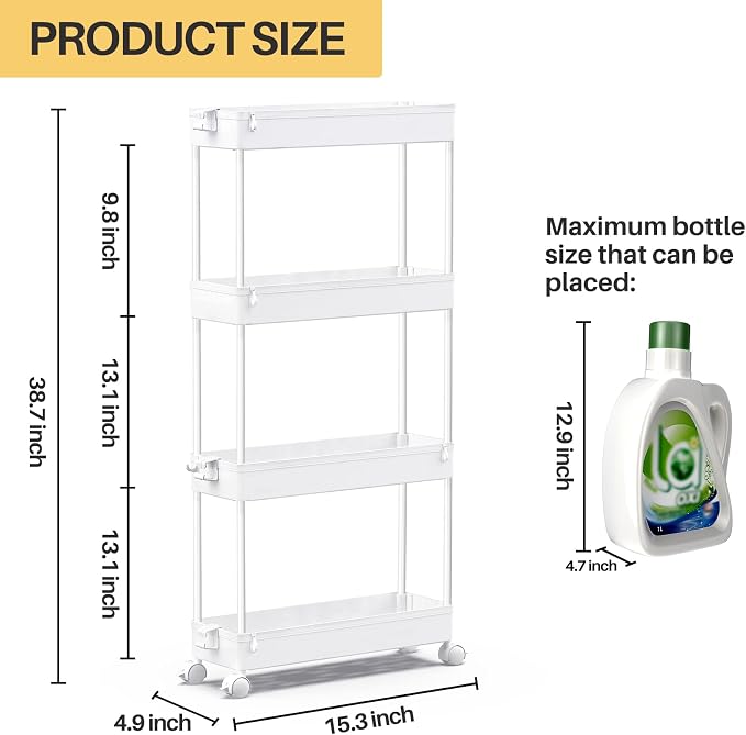 SPACEKEEPER Slim Rolling Storage Cart, 4 Tier Bathroom Cart Organizer,White | Narrow Rolling Cart with Wheels for Kitchen Office Bathroom Laundry Room,Mobile Utility Cart for Craft Art Makeup Nail Polish - Image 4