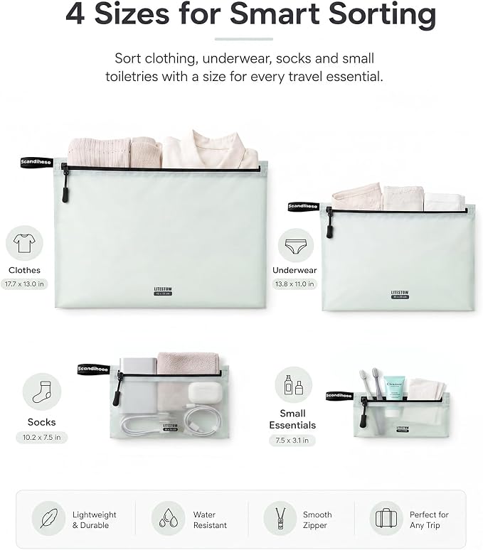 Ultralight Travel Organizer Bags, 4 Set Lightweight Zipper Pouches for Packing, Soft Packing Cubes for Carry-On Suitcase, Clothes, Underwear, Toiletries and Small Essentials, Sage Green - Image 2