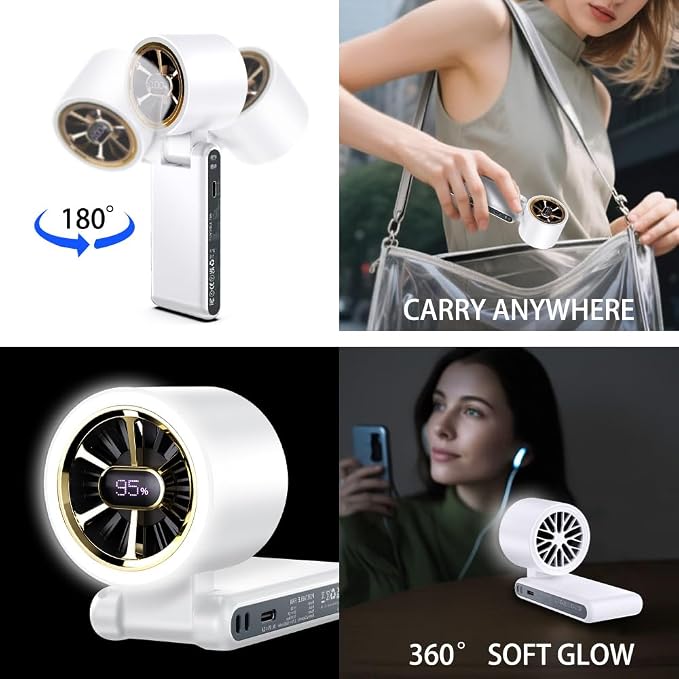 CAZOKASI Rechargeable Strong Wind Handheld Fan With Ambient Lighting 4 IN1 5000mAh Upto 22H For Desktop Waist Clip Neck (StrongWind/White) - Image 2