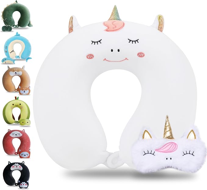 Sexysamba Cartoon Headrest & Neck Pillow for Kids Boys & Girls, Teens, Travel Accessories for Recline, Car, Airplane, Memory Foam Cute Travel Pillow with Sleep Eye Mask - White Unicorn by Sexysamba