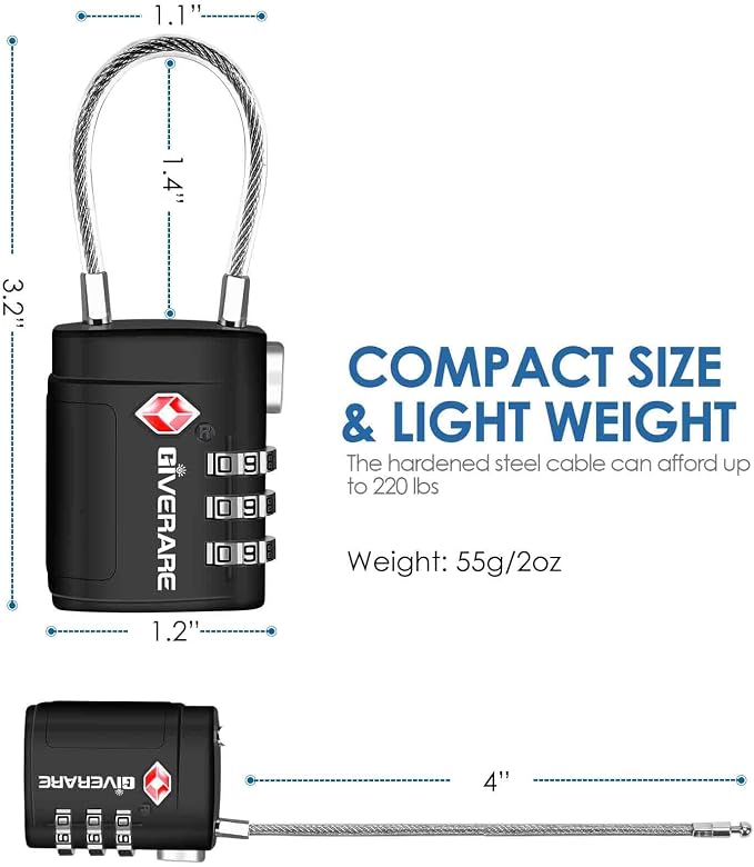 2 Pack TSA Approved Luggage Locks, Cable Travel Lock Alloy, Set Your Own Combination Metal Suitcase Zipper Padlock, 3-Digit Long Shackle Padlocks for Gym Locker, Golf Bag, Case Anti Theft-Black - Image 2