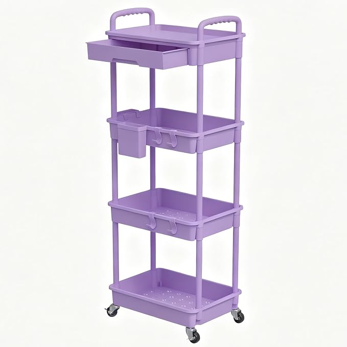 REBECAT 4 Tier Rolling Cart with Drawer, Utility Storage Cart on Wheels for Kitchen, Bathroom, Living Room,Office(Purple) by REBECAT