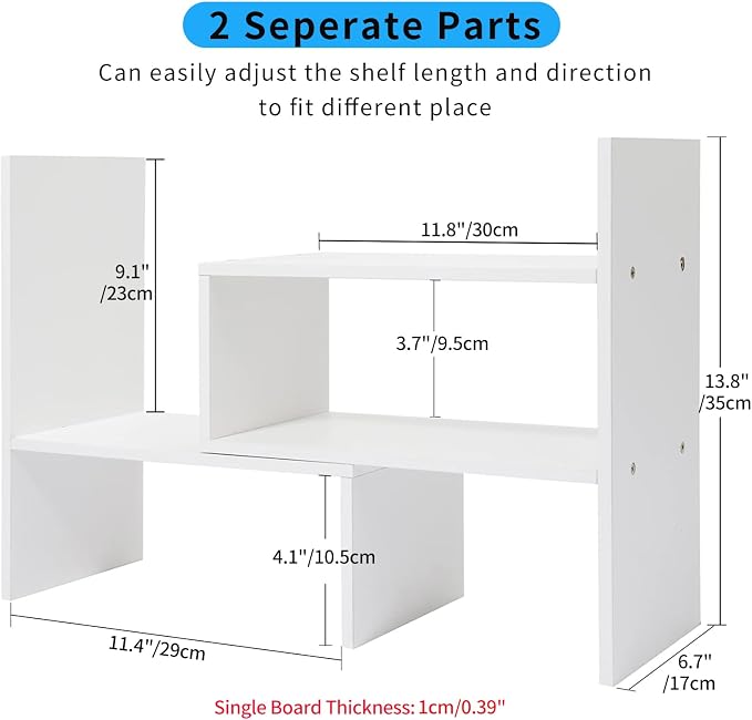 Desktop Shelf Organizer, Adjustable Wood Office Storage Rack, Counter Display Small Bookshelf for Home/Office/School(White) - Image 2