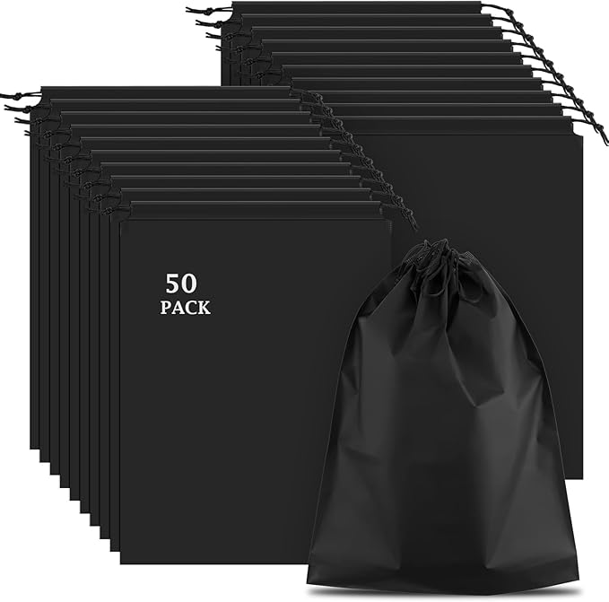 50 Pack Shoe Bags for Travel, Black Travel Shoe Bags for Packing Waterproof | 15.7" x 11.8" Large Portable Drawstring Travel Shoe Storage Bag Travel Essentials Women for and Men by COIDEA
