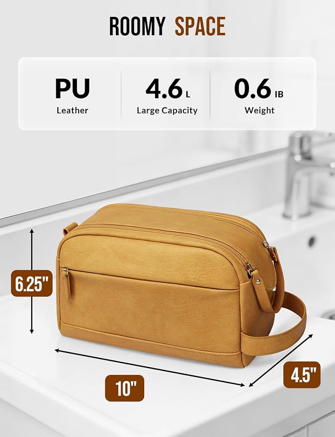 PU Leather Toiletry Bag for Men - Water Resistant Travel Bag for Toiletries, Bathroom Essentials, Accessories - Yellow - Image 2