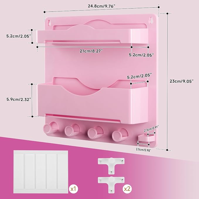 Pink Bedside Shelf Organizer - Wall Mount Phone Holder with Glasses Hook & 50 Motivational Stickers for Girls Bedroom Dorm Decor - Image 3
