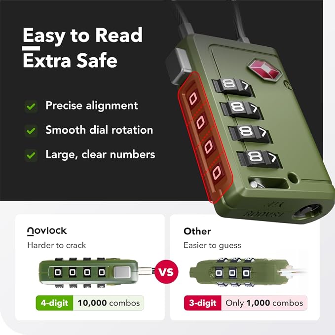 TSA Approved Luggage Locks, Travel Locks with Inspection Indicator | TSA008, Easy to Read Dials, 4 Digit Combination, Flexible Steel Cable, for Suitcases, Backpacks, Bags, 2-Pack, Green - Image 7