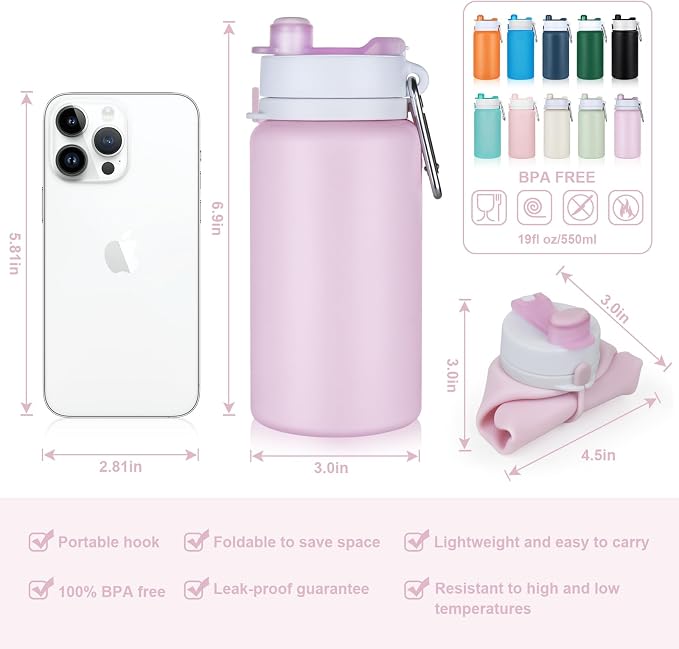 PLTCAT Collapsible Water Bottle, 19oz Foldable Bottle BPA Free Reusable Lightweight Leak-Proof Travel Silicone Water Bottle for Travel, Gym, Hiking, Office, Camping - Image 2
