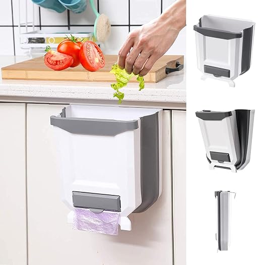 Hanging Kitchen Trash Can, Foldable Waste Bin for Kitchen, Collapsible Hang Small Plastic Garbage Can 2.4 Gallon for Cabinet/Car/Bedroom/Bathroom (White) by WDPUCHU