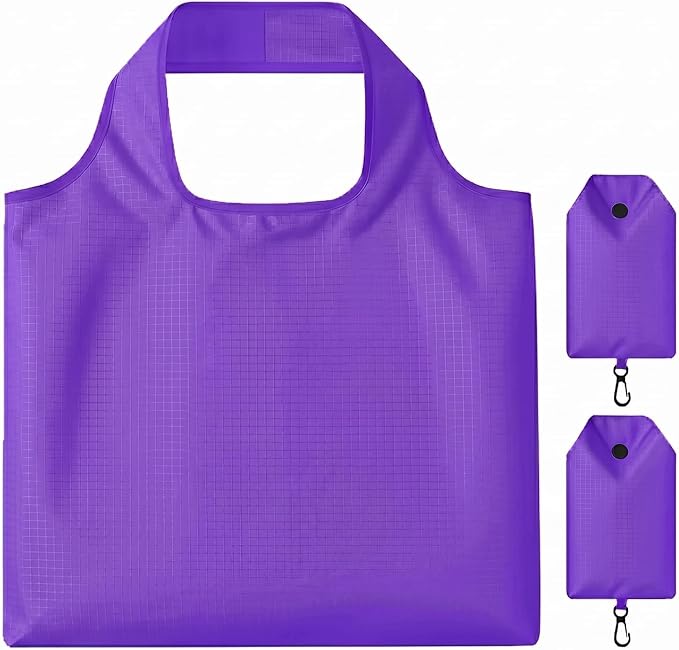 2 Pack Large Foldable Shopping Bag, Reusable Grocery Bag, Purple | Waterproof Nylon, 35 Pounds Weight Capacity, Pocket Size Carrier by Unknown