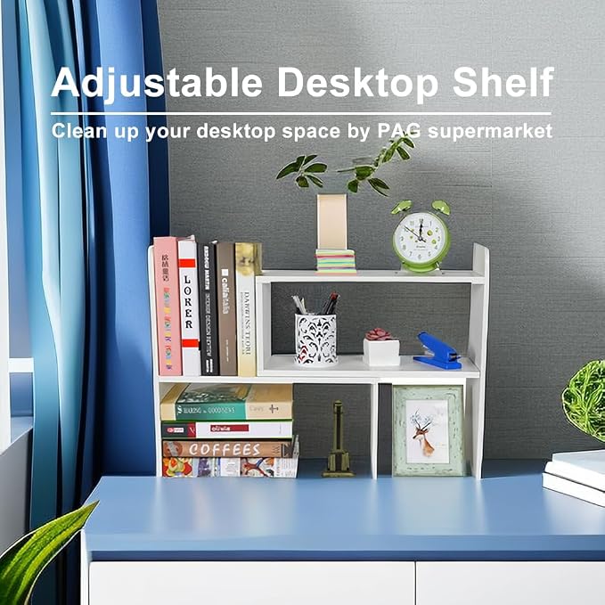 Desk Organizer Desktop Shelf Adjustable Countertop Bookshelf Small Table Shelves Book Organizer Office Organization for Desk, White - Image 4