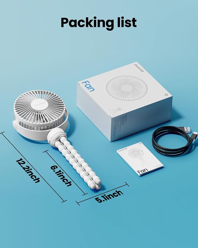 Gaiatop Mini Portable Stroller Fan, Small Clip on Fan 3 Speed Rechargeable | 360° Rotate Flexible Tripod, Battery Operated Detachable, Cooling for Car Seat Crib Treadmill Travel White - Image 7