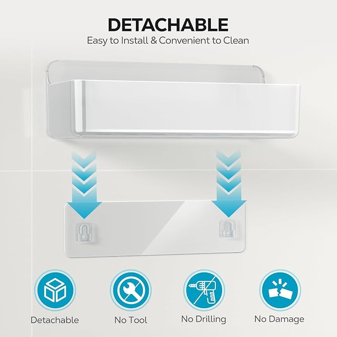 Nieifi Adhesive Shower Shelves, Clear, 2 Pieces | Rustproof ABS, Large Capacity, Removable Design, Easy-Clean, No Drilling Shower Organizer for Bathroom Storage & Home Decor - Image 5