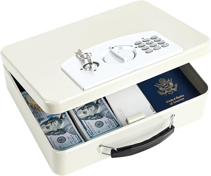 KYODOLED Off-White Safe Box with Digital Keypad Lock, Lock Box with Code for Personal Items, Metal Security Box for Cash, Passport, Ideal for Home, Office, Garage Sale, 11.8'' x 9.4'' x 3.5'' by KYODOLED