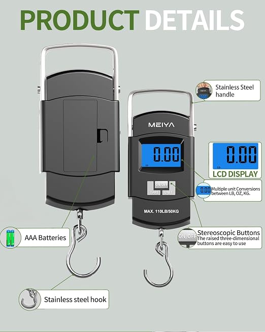 MEIYA Fish Scale 110lb/50kg Digital Fishing Scale with Backlit LCD, Portable Handle, Stainless Steel Hook & 2 AAA Batteries – Reliable Fishing Gear & Great Fishing Gifts for Men - Image 3