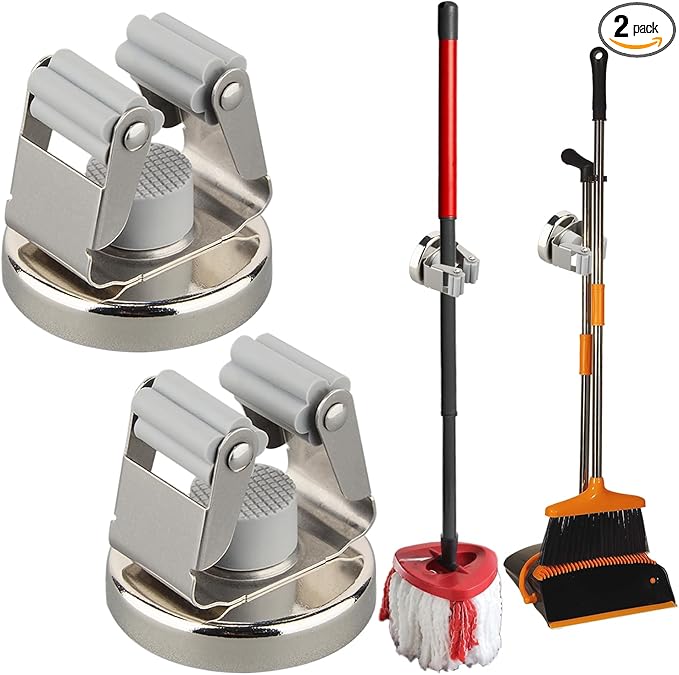 MUTUACTOR Magnetic Broom Holders,2pcs Anti-broken Heavy Duty Magnetic Clips Wall Mount,No Drilling 10lbs Magnetic Hooks Broom Mop Brackets for Work Cargo Garage Laundry Work Van Accessories by MUTUACTOR