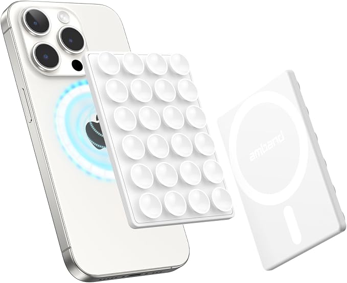 amBand Magnetic Suction Mirror Window Phone Holder, Sticky Grip Double Sided Mount for iPhone, Gym Bathroom Kitchen, Hands-Free for Makeup FaceTime Shower Viewing with MagSafe Accessories, Frost White by amBand