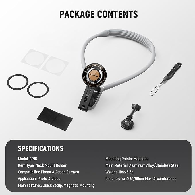 NEEWER Magnetic Neck Holder for Action Camera Phone Hands Free Neck Tripod Chest Mount Compatible with GoPro DJI Insta360 iPhone Android Phone Holder for POV Vlog, Gray, GP16 - Image 8