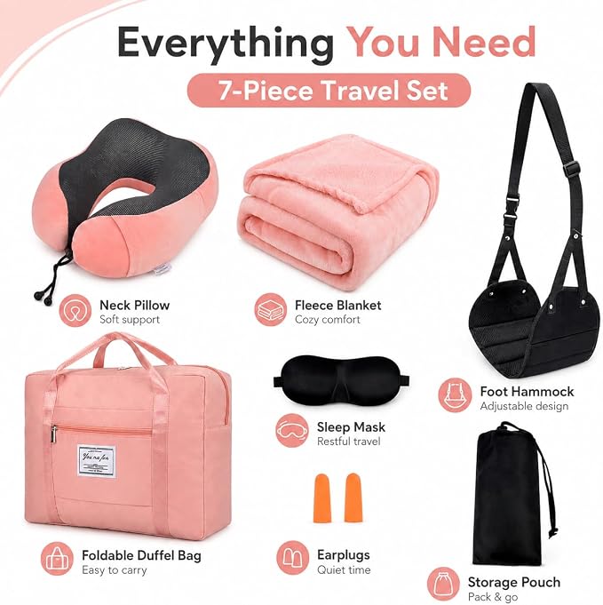 Travel Pillow and Blanket Set - Foot Hammock Rest Airplane Essentials, Pink | Memory Foam Neck Pillow Plane Foot Rest Airplane Accessories Essentials, Foldable Duffel Bag Eye Mask Earplugs for Comfort - Image 3