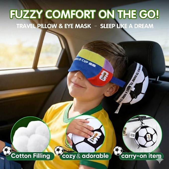MESUCA FIFA World Cup 2026 Travel Pillow with Eye Mask, Soccer Ball Design Toy Plush 2-in-1 Neck Pillow, Ideal for Car, Airplane, Train Journeys, Kids Gift, FIFA World Cup 2026 Merchandise - Image 2