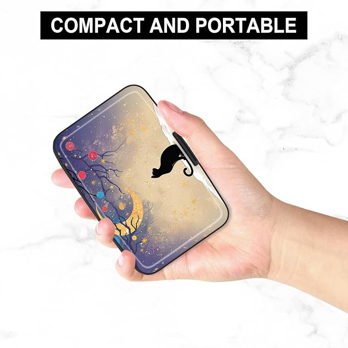 Credit Card Holder, Mini Aluminum Card Wallet RFID Blocking Slim Metal Hard Card Case for Women Men, Moonlight Cat - Image 5
