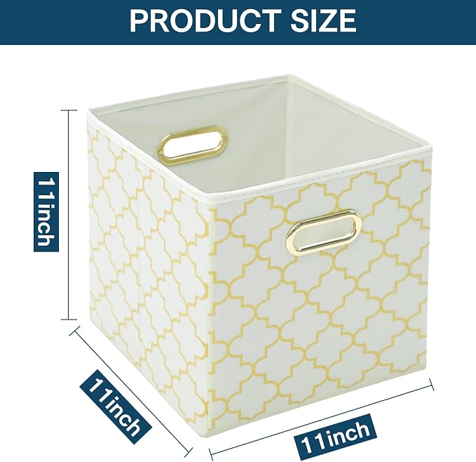 Fabric storage bins Cubes, Fabric Cube Organizer with Handle, Foldable Cube Bins for Cloth or Accessary Storage, 11x11x11, Set of 3, (Creamy-White Gold) - Image 2