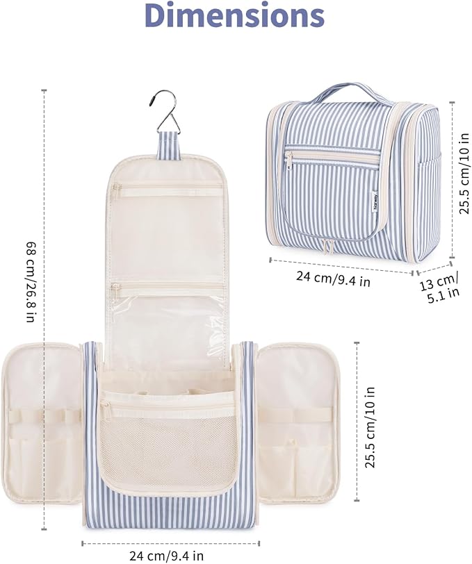 Narwey Striped Hanging Travel Toiletry Bag for Women, Travel Bag for Toiletries, Makeup Bag Organizer Cosmetic Bags Make Up Bags for Women (Greyish Blue Stripe) - Image 5