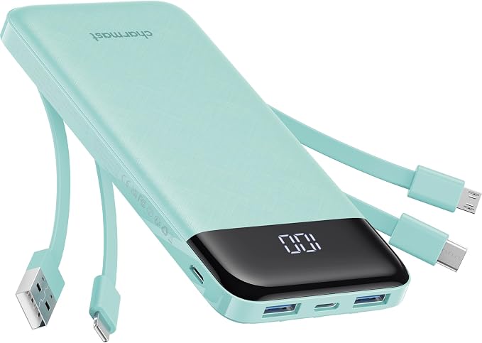 charmast 10000mAh Power Bank Portable Charger with 4 Built-in Cables | Reinforced for Durability,6 Outputs,3A Fast Charge,LED Display,TSA Compliant,Travel Must-Have,for Commuter,College Student by charmast