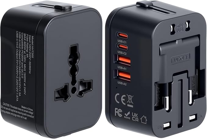 Universal Travel Adapter Fast Charger Worldwide Plug Adapter 4 Ports | 2 USB C PD3.0 & 2 USB-A Quick Charge, All in One International Power Adaptor, GaN Smart Wall Charger for Phone Laptop, 20W by NEWVANGA