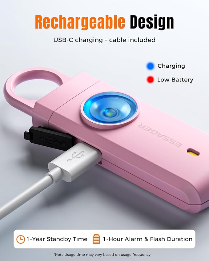 ESSAGER Personal Safety Alarm for Women, 130 dB Self Defense Siren, Rechargeable & Portable with Keychain and Carabiner, Low Battery Notice, LED Strobe Light for Kids, Seniors, College Students(Pink) - Image 6