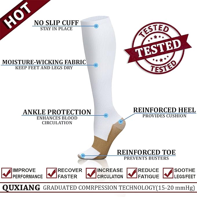 QUXIANG Copper Compression Socks for Women & Men Circulation (8 Pairs) - Best for Running Athletic Cycling - 15-20 mmHg - Image 3