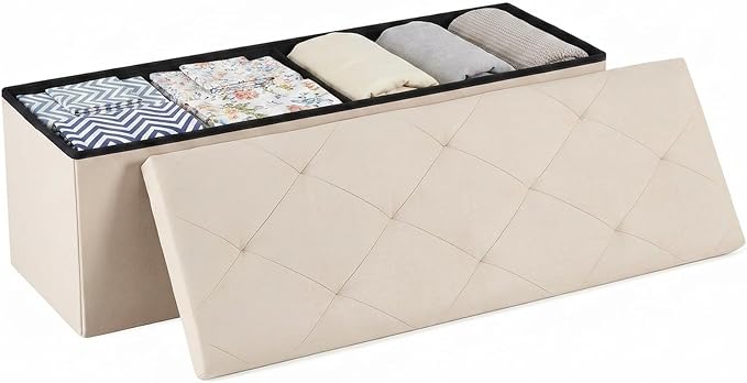 DUMOS 43 Inch Folding Storage Ottoman Bench, Large Ottoman with Storage | Storage Chest with Thicker Foam Padded Seat, End of Bed Foot Rest Stool for Bedroom Living Room Entryway, Load 660 lbs, Beige by DumosLifestyle