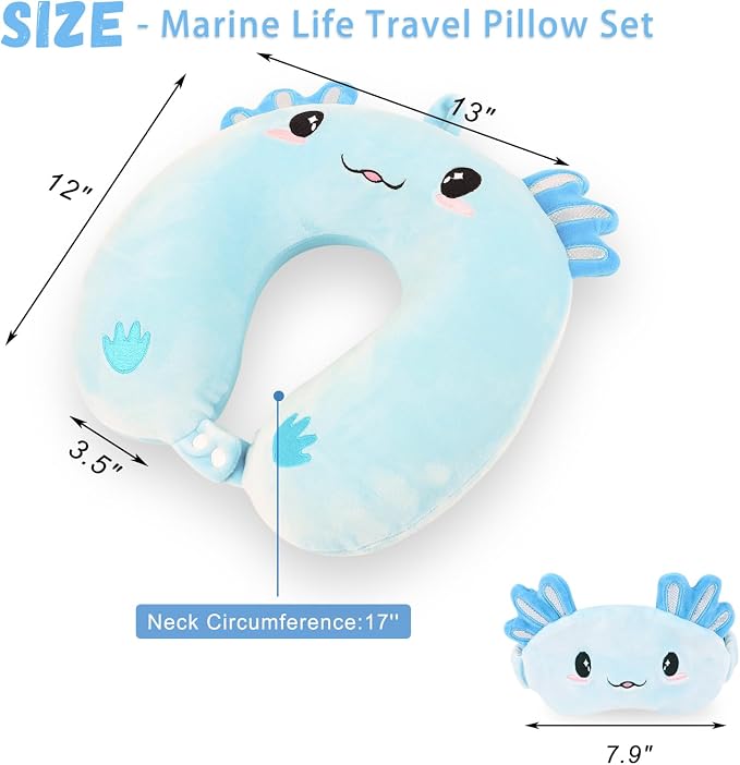 Travel Pillow, Kids Travel Pillow with Sleep Eye Mask Soft Memory Foam Kids Neck Pillow for Boys & Girls, Travel Accessories for Car Airplane Traveling - Blue Axolotl - Image 2