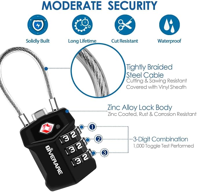 2 Pack TSA Approved Travel Luggage Locks, Cable Combination Lock Alloy, Metal Keyless 3-Digit Padlocks, Weatherproof TSA Accepted Padlock for Gym Locker, Golf Bag Case, Backpack, Black-by GIVERARE - Image 3
