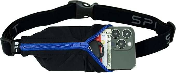 SPIbelt Running Belt Original for Women Men, Phone Holder for Running, Running Fanny Pack, Holder for Phone, Running Waist Pack, Adjustable Waist, [Fits All Phones]. Black with Blue Zipper by SPIbelt
