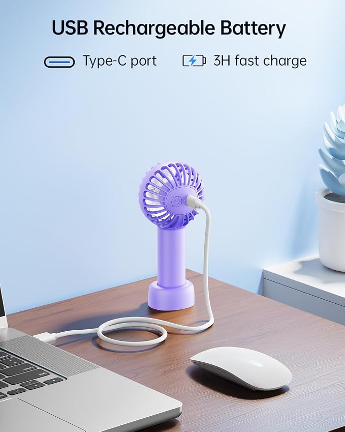 SWEETFULL Mini Portable Fan - Rechargeable Handheld Fan, 3 Speeds Personal Small Hand Gifts for Travel Essentials, Lash, Makeup, Eyelash, Kids, Girls, Women - USB, Cute Design Purple - Image 7