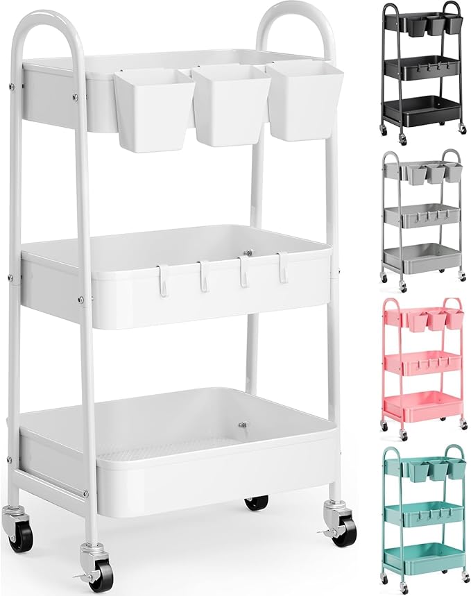 3 Tier Heavy Duty White Metal Rolling Cart with Lockable Wheels,Roller Cart | Three Tier Book Snack Cart, Utility Storage Organizer Carts for Kitchen, Bathroom, Garage, Baby Diaper, Craft, Art, Teacher by Recximi